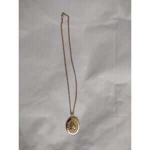 Gold Tone Oval Locket Necklace Rope Chain Photo Pendant Filigree Heart Monogram